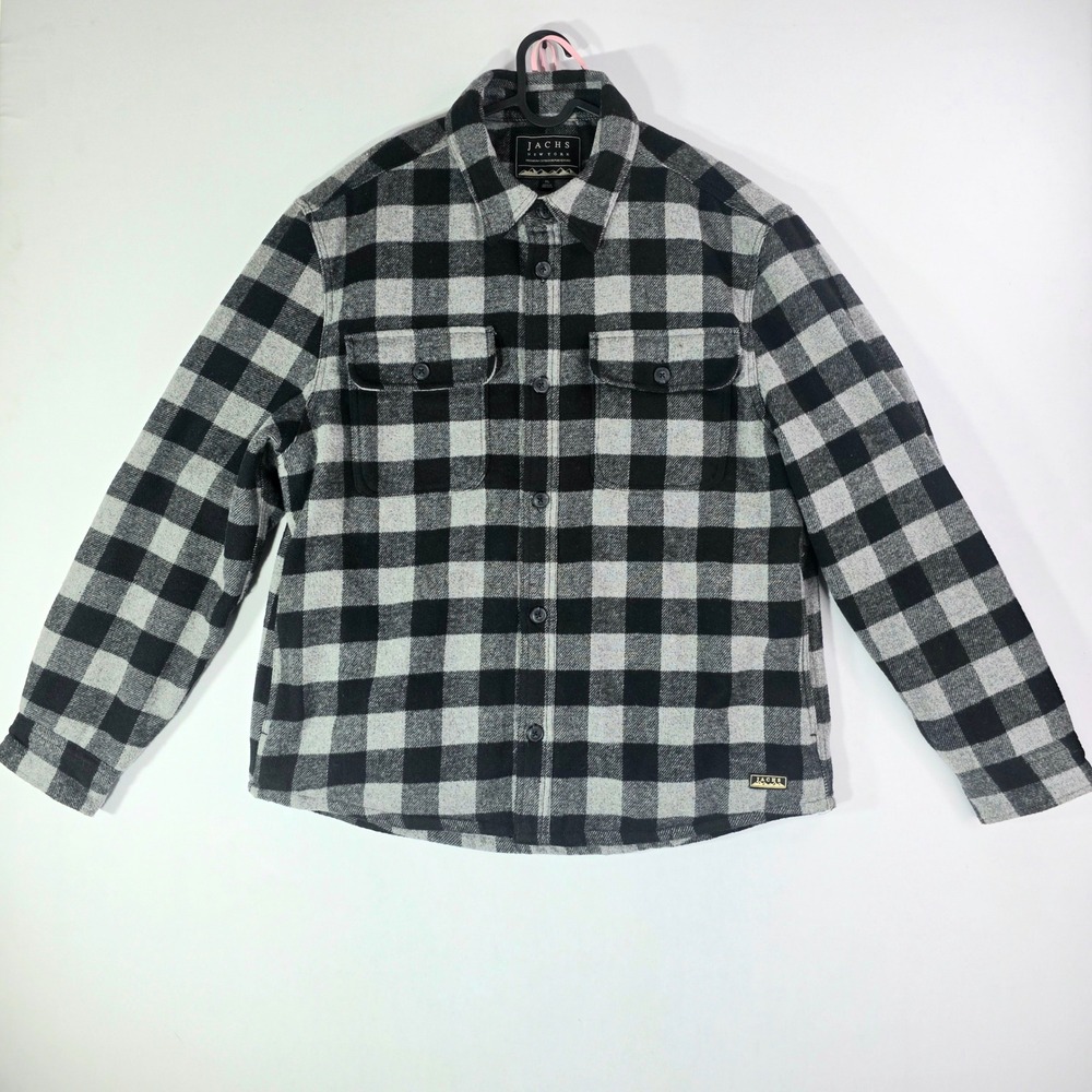Jachs NY Mens XL Wool Blend Quilted Lined Flannel Shirt Jacket Grey Black Plaid
